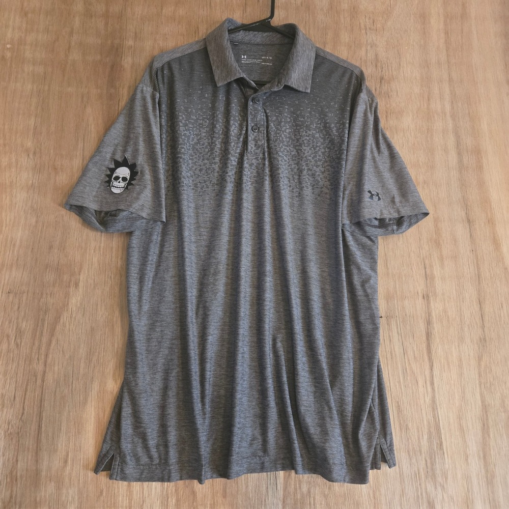Under Armour HeatGear Grey Heathered Skull Graphic Polo Shirt Mens Large Loose